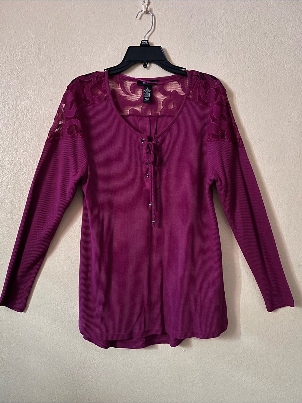 Style & Co Waffle Knit Lace Front Long Sleeve Top Magenta Purple Floral Lace L